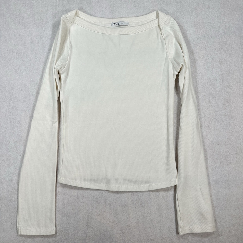Zara Women's Top Ribbed Knit Long Sleeve Y2K 90s Minimalist Oyster White Clean L